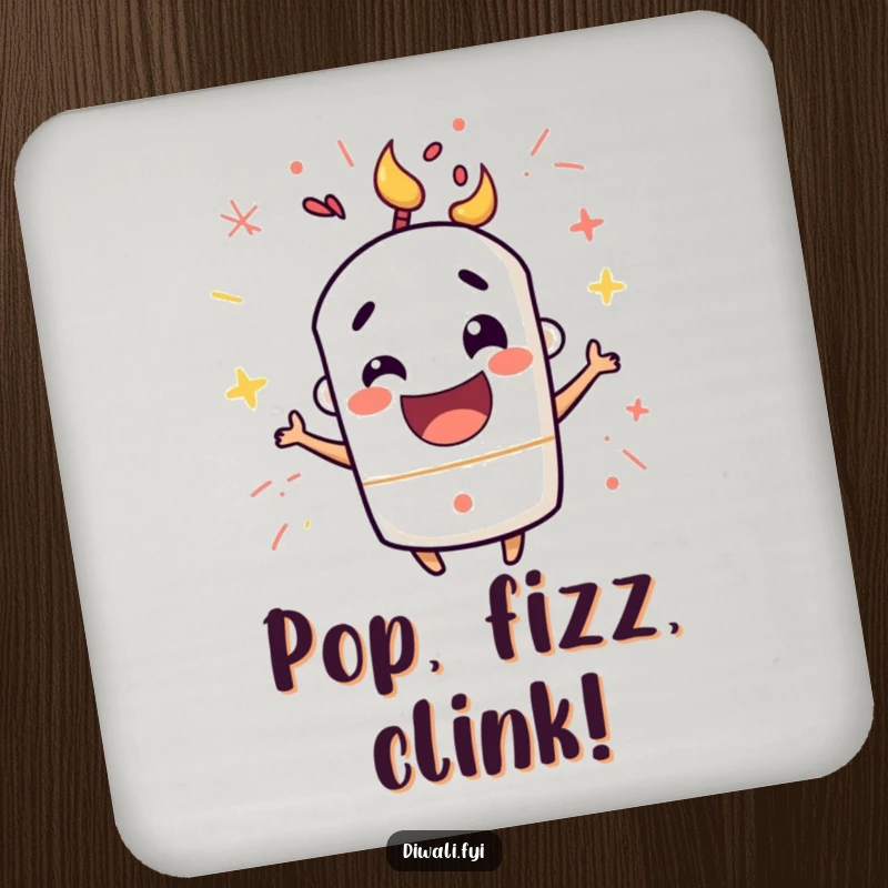 Funny drink coaster featuring a mischievous firecracker character popping with happy excitement, protecting surfaces with a playful design.