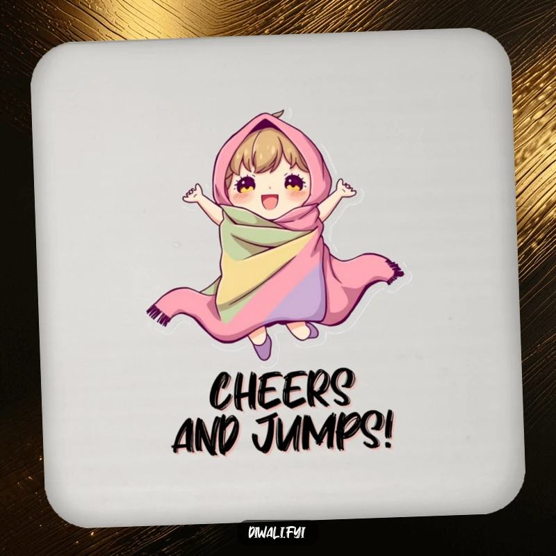 A character humorously jumping, draped in colorful fabric, protecting a drink surface with dynamic flair.