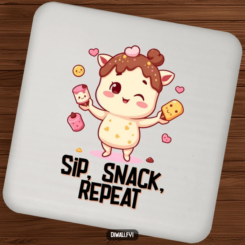Funny coaster featuring a character juggling mithai, adding a sweet and protective element to your tables.
