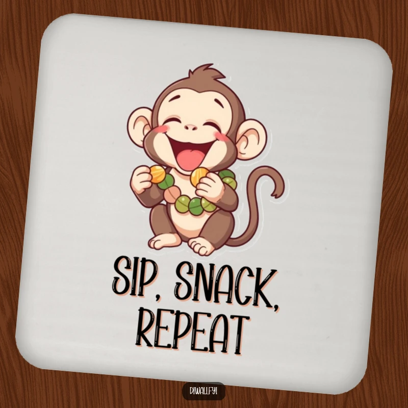 Funny drink coasters featuring a laughing monkey wearing a garland, playfully reaching for a tiny sweet, adding whimsical charm and humor.