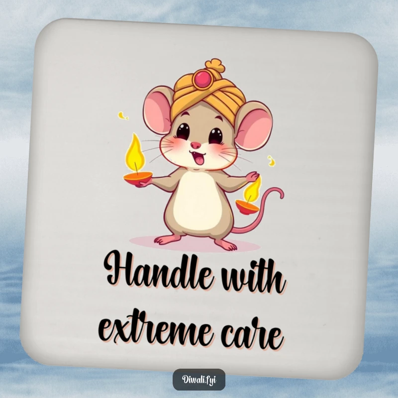Funny drink coasters depicting a startled mouse in a turban, comically juggling glowing diyas, adding festive charm and humor to surfaces.