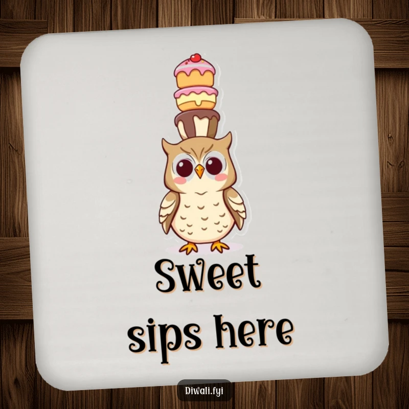 Funny drink coaster featuring a happy owl balancing a tall tower of sweet treats on its head, perfect for whimsical decor.