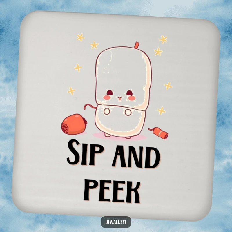 Funny coaster featuring a small, curious firecracker character peeking from behind a larger one, protecting surfaces.