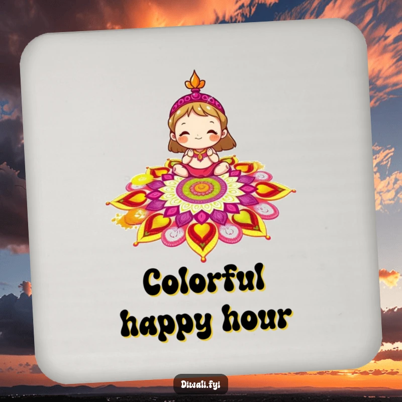 Funny rangoli coasters featuring a delighted character decorating a colorful rangoli pattern, adding artistic charm to any surface.