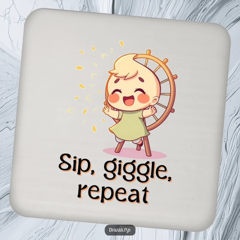 Funny drink coaster set depicting a giggling character playfully chasing sparks from a Catherine wheel, providing surface protection with a humorous and energetic flair.