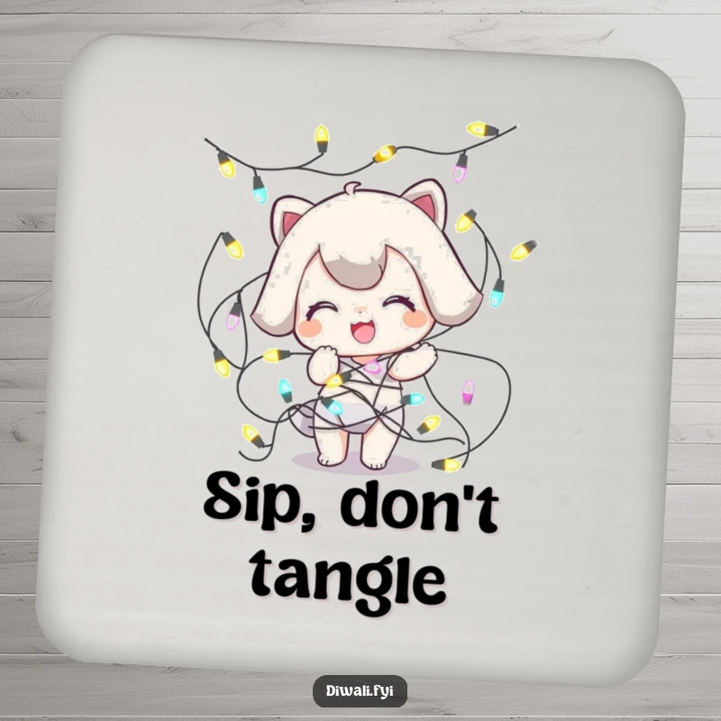 Funny Tangled Lights Coaster: A playful character is comically tangled in decorative lights, adding a festive and humorous touch.