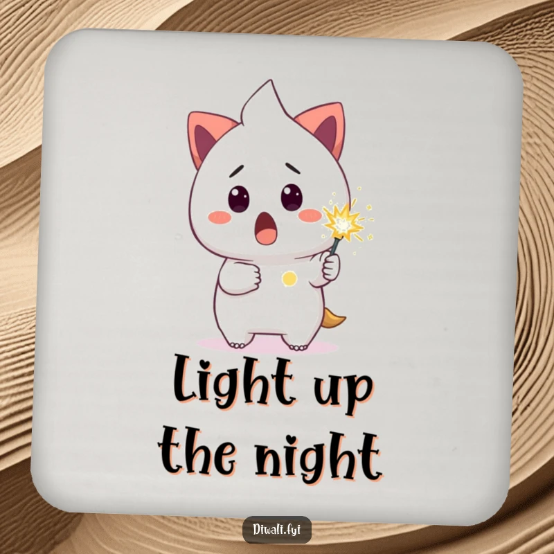 Funny drink coaster with a surprised character holding a small, glowing sparkler, offering protection and humor.
