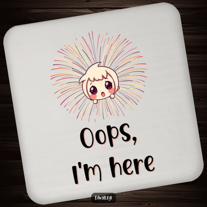 Funny character peeking with wide, surprised eyes from behind fireworks, protecting a surface humorously.