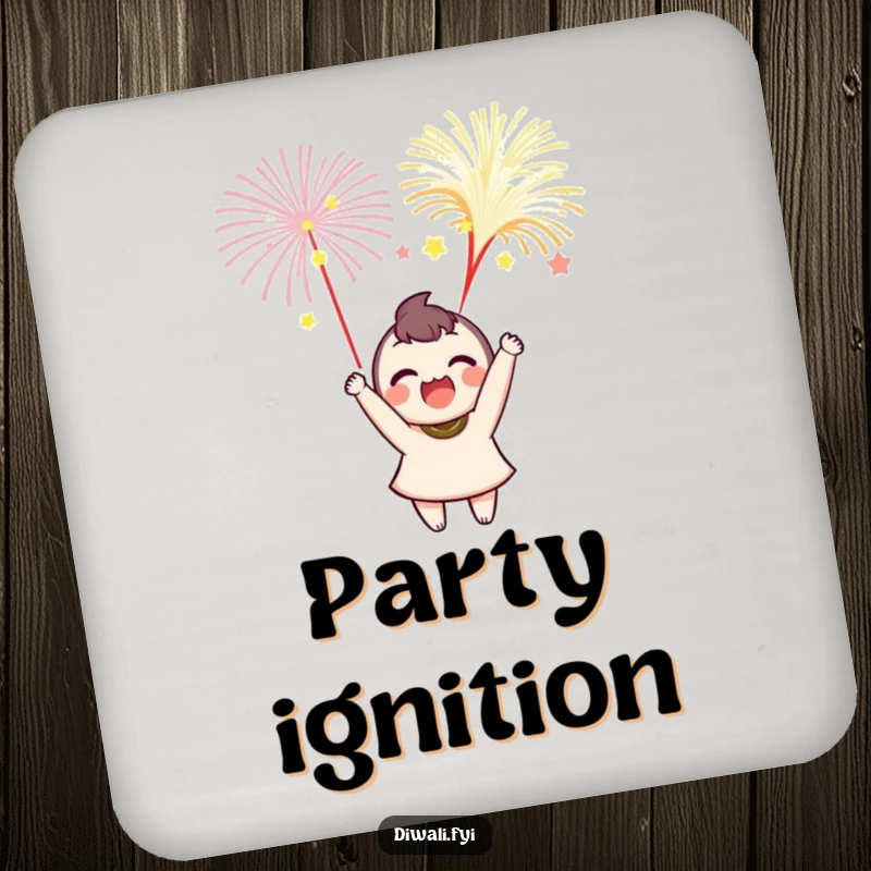 Funny drink coaster featuring a delighted character launching colorful fireworks, protecting surfaces with festive charm.