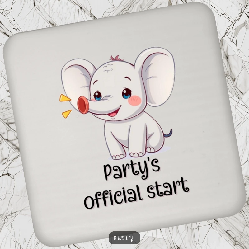 Funny coaster featuring a jubilant elephant character gleefully trumpeting, adding a cheerful and protective touch to your beverage station.