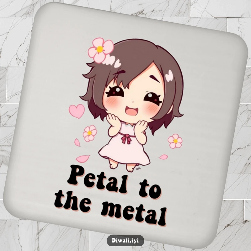 Funny drink coaster showcasing a smiling character scattering flower petals, adding a decorative and cheerful touch to any surface.