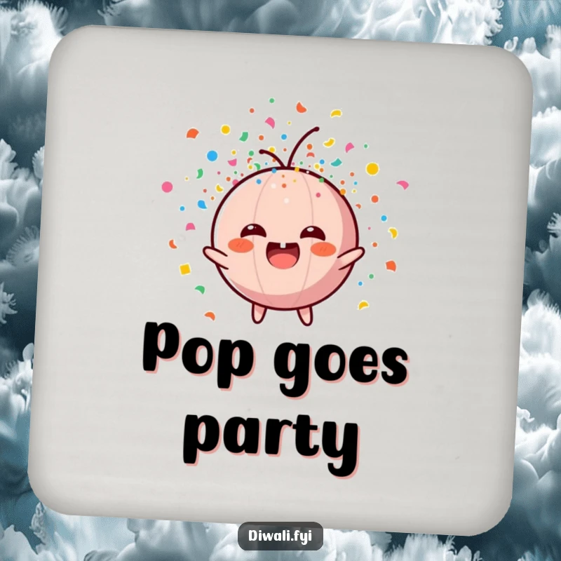 Funny coaster with a happy firecracker character exploding in a burst of colorful confetti, protecting surfaces with style.