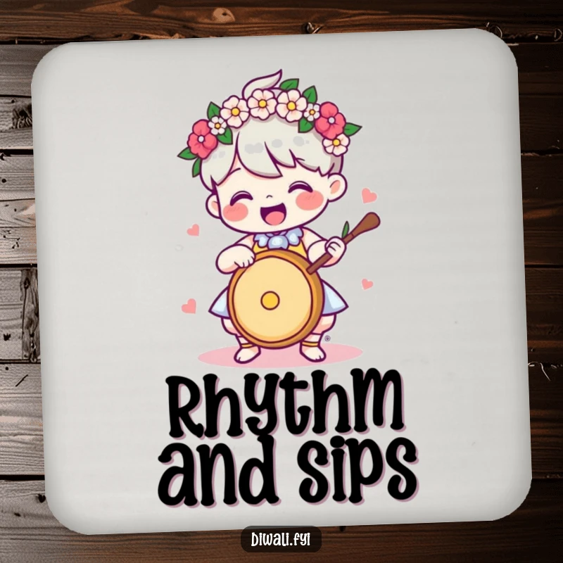 Funny Coaster: Delighted character with a flower garland, playing a drum, perfect for protecting surfaces.