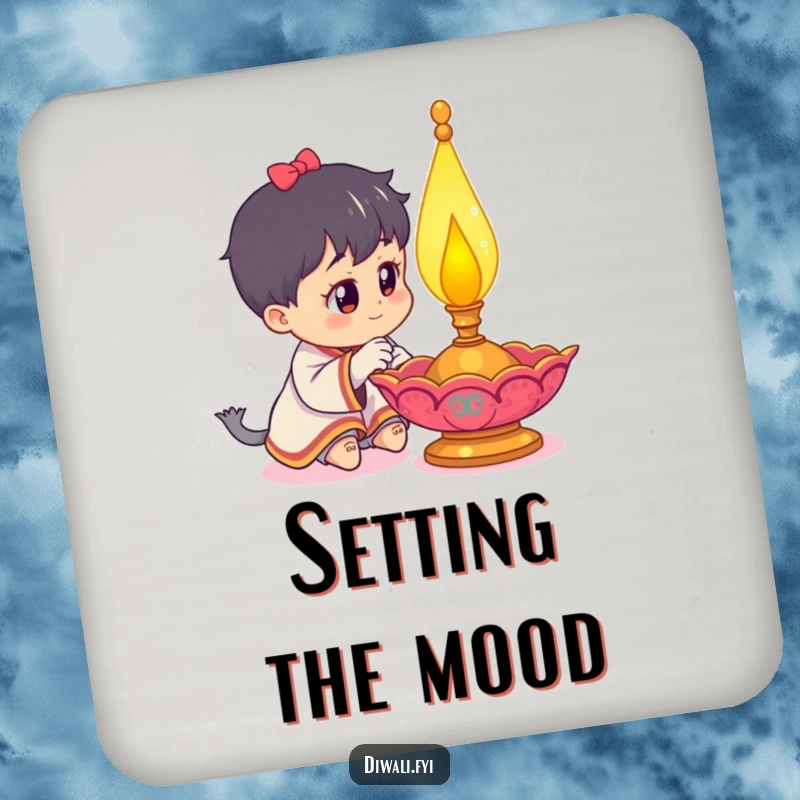 Funny drink coaster featuring a curious character inspecting a glowing diya lamp, protecting surfaces with artistic flair.