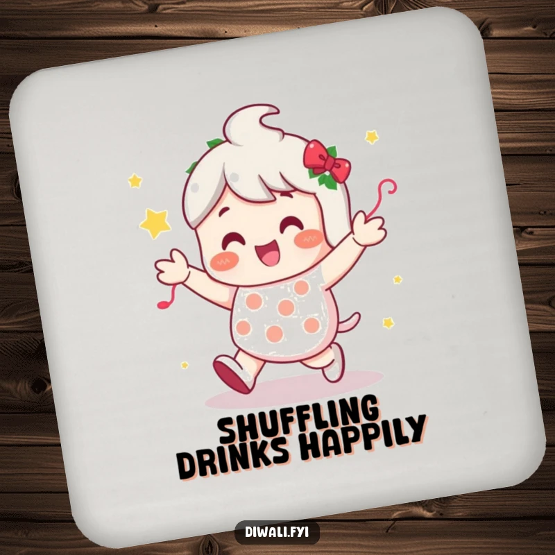 Funny drink coaster with a character in a happy shuffle dance surrounded by festive decorations, adding a pop of party fun.