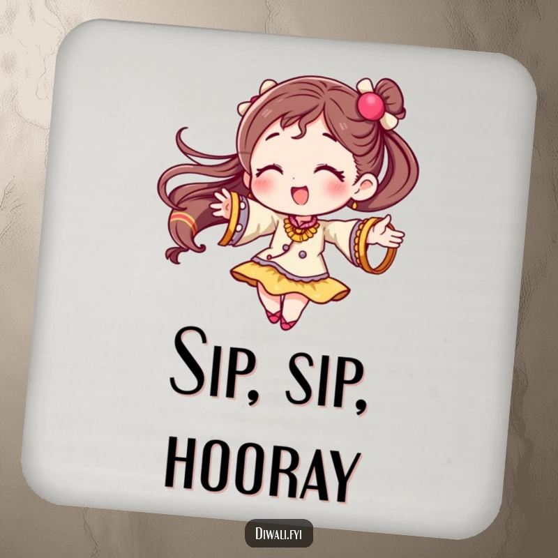 Funny drink coaster featuring a character in a celebratory twirl with festive bangles, adding a touch of joy to any surface.