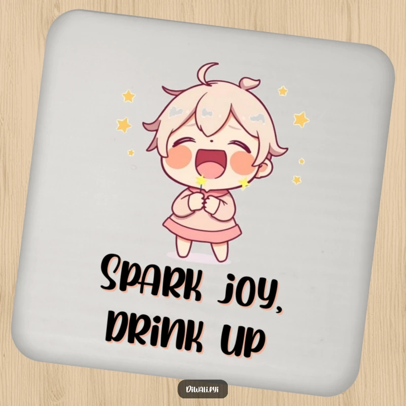 Funny drink coaster with a character laughing uncontrollably, holding a tiny, fizzing sparkler for a dose of visual humor.