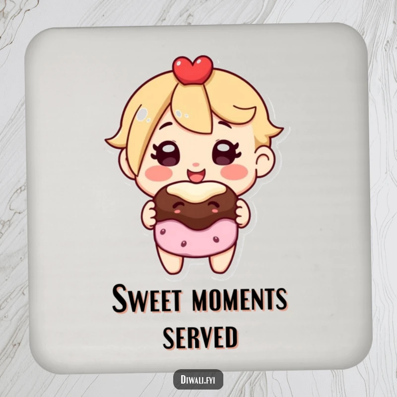 Funny drink coaster featuring a happy character offering a sweet treat, protecting tables with a smile and charm.