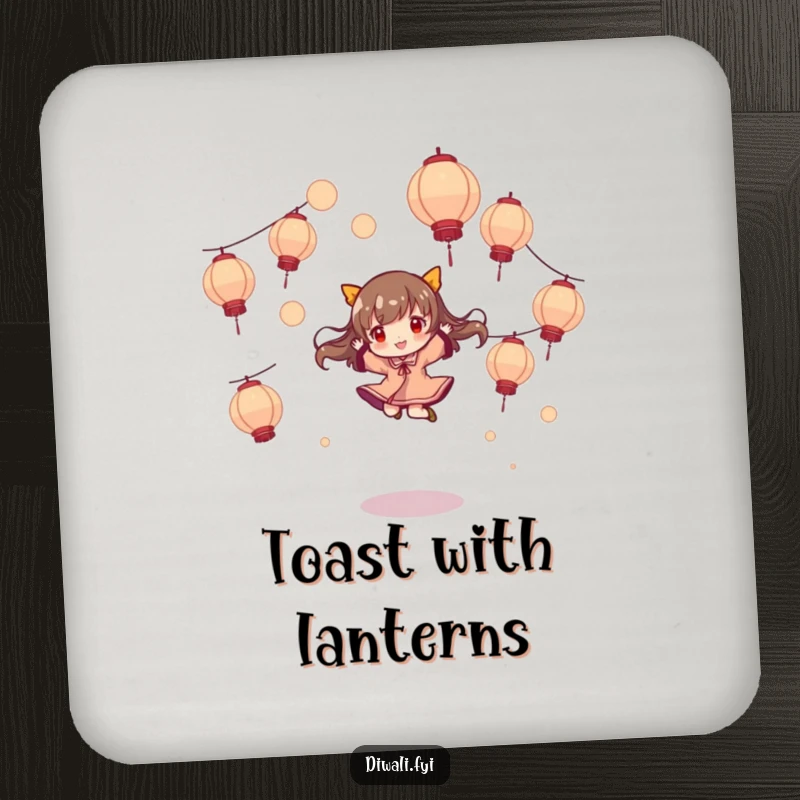 Funny coasters, character playfully jumping and twirling, amidst floating lanterns, protecting surfaces with whimsical charm.