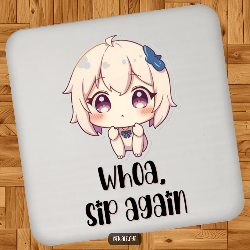 Funny drink coaster featuring a character with a surprised expression, adding a humorous touch to beverage service.