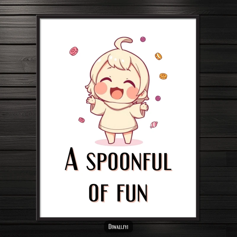 Funny poster art of a character gleefully tossing small sweets into the air, with a wide, infectious smile.