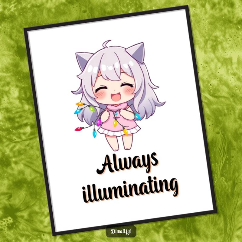 Funny poster of a character with a joyful smirk, playfully engaging with a string of vibrant, colorful lights, creating a whimsical scene.