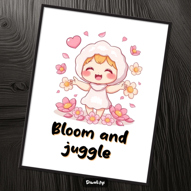 Funny petal juggling poster, giggling character juggling shimmering flower petals, cheerful wall art, whimsical home decor gift.