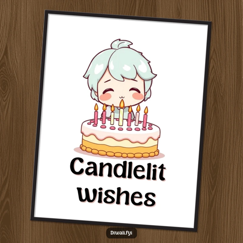 Funny poster showing a smiling character joyfully blowing out candles on a beautifully decorated birthday cake, capturing the essence of birthday wishes.
