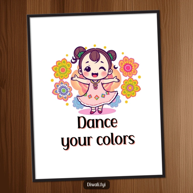 Funny poster showcasing a delighted character dancing with colorful rangoli patterns, creating a lively and humorous visual masterpiece.
