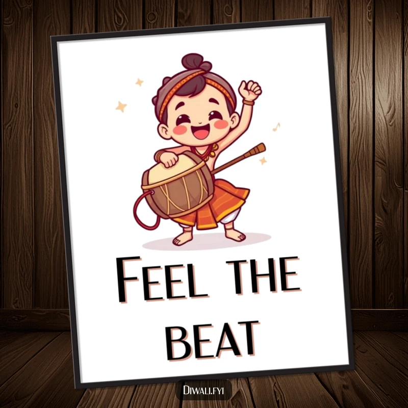 Funny poster of a jubilant character striking a dhol drum with expressive, energetic rhythm.