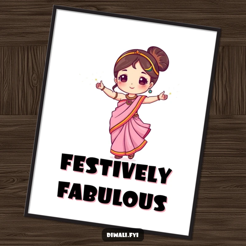 Funny poster of a cute character in a bright sari, dancing with sparklers, creating a festive atmosphere.
