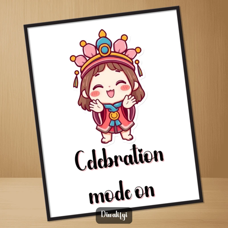 Funny Celebration Poster: A happy character adorned in a festive headdress claps hands with pure joy, creating a humorous and vibrant wall piece.