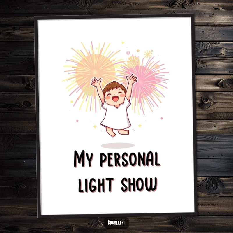 Funny poster of a character in a joyful dance pose with arms raised towards a spectacular burst of colorful fireworks.