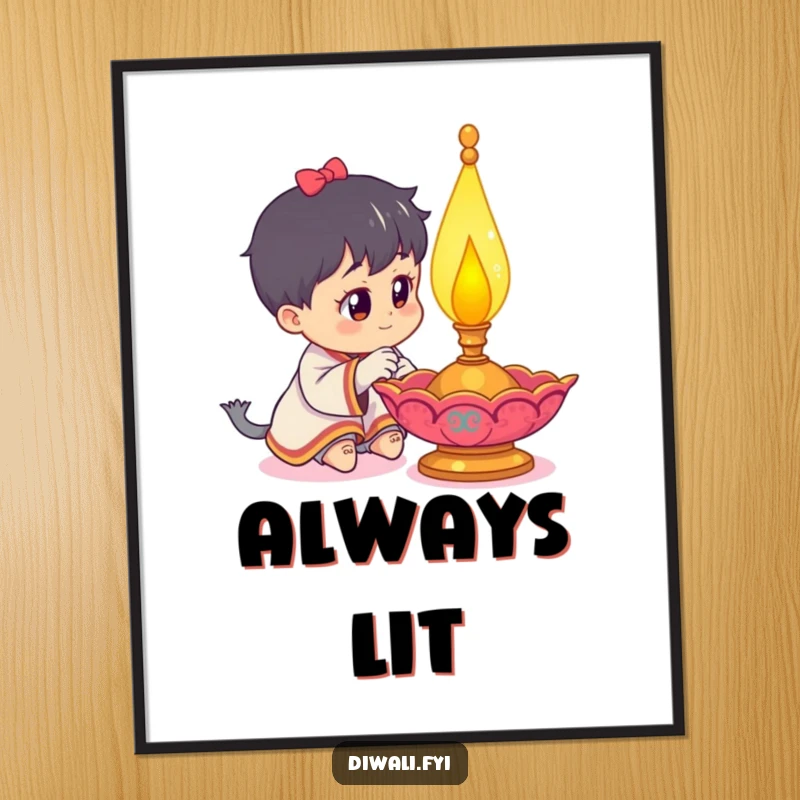 Funny poster displaying a curious character examining a detailed, glowing diya lamp, adding artistic flair and humor to a room.