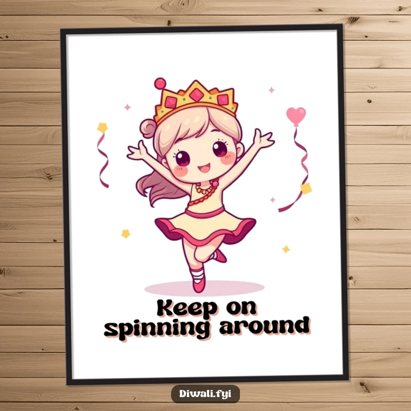 Funny poster illustrating a dancer character in a swift pirouette, capturing the dynamic beauty and joyful spirit of dance.