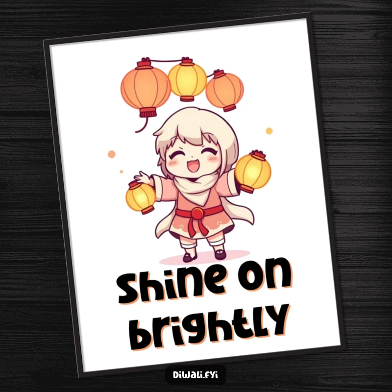 Funny poster print of a happy character juggling multiple luminous lanterns, embodying pure delight and skillful performance.