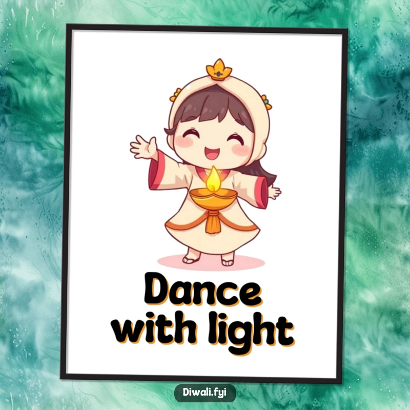 Funny diya dancer poster, smiling character dancing with glowing diya, festive wall art, joyful cultural print gift.