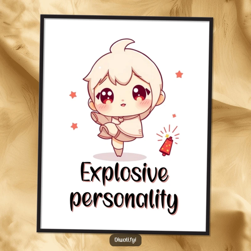 Funny poster art of a character with wide, mischievous eyes, playfully kicking a small firecracker, creating a dynamic scene.