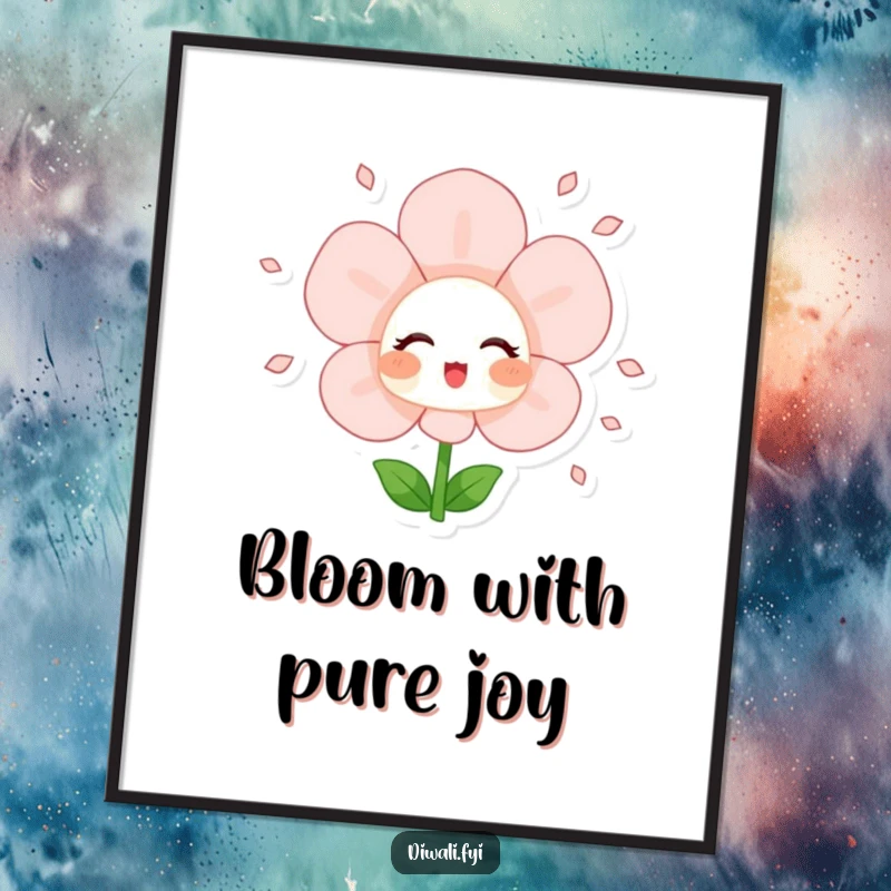 Funny poster art of a blushing flower character joyfully showering petals, bringing a vibrant and cheerful natural aesthetic to any space.
