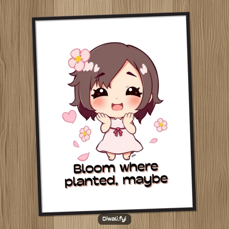 Funny poster with a whimsical illustration of a character smiling widely while showering loose flower petals, creating a cheerful atmosphere.