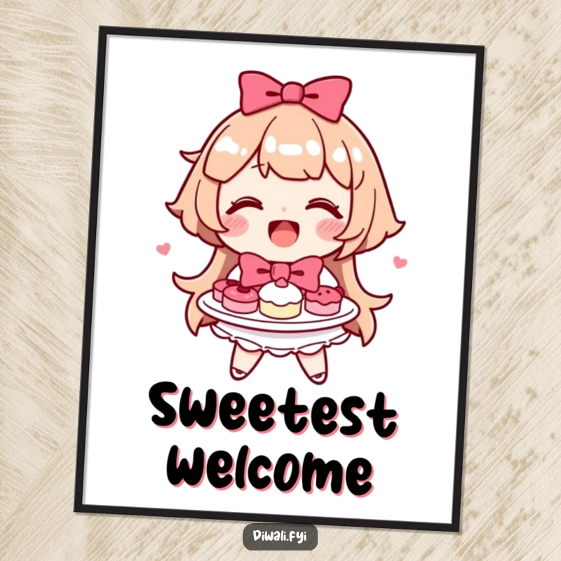 Funny happy character smiling, presenting a plate piled high with delicious sweets, tied with a bow.