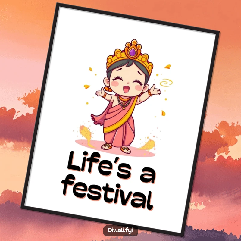 Funny Poster: Cute character in a festive sari enthusiastically tossing colorful Holi powder, creating a vibrant and joyful scene.