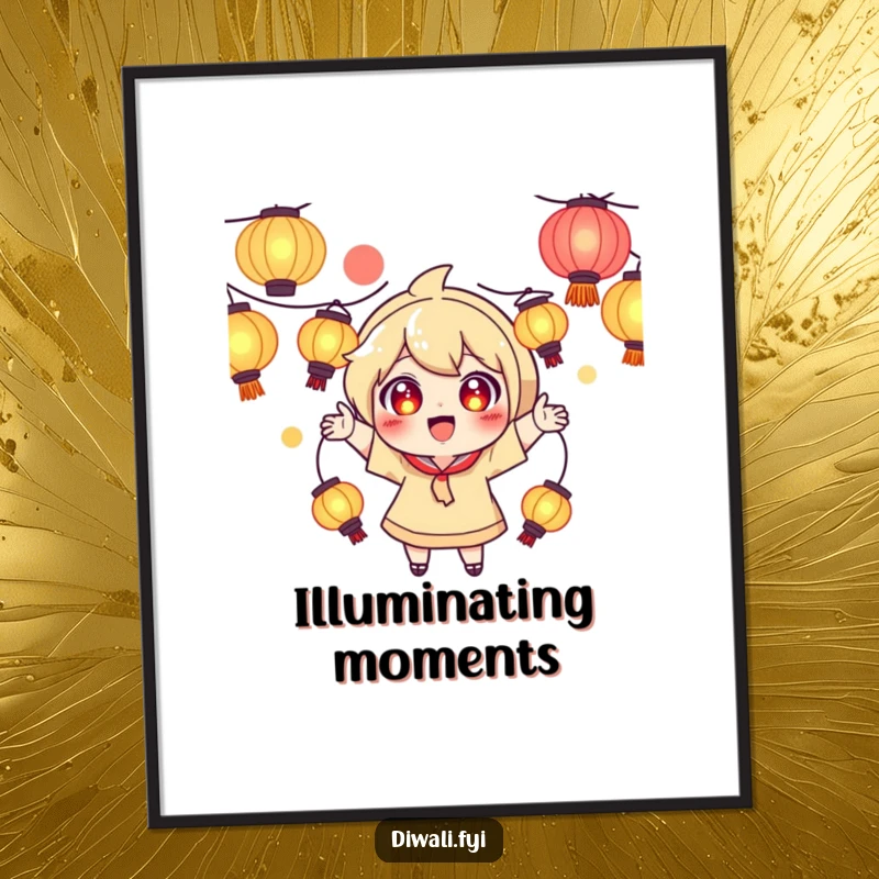 Funny poster of a playful character with excited eyes, juggling several illuminated, glowing lanterns.