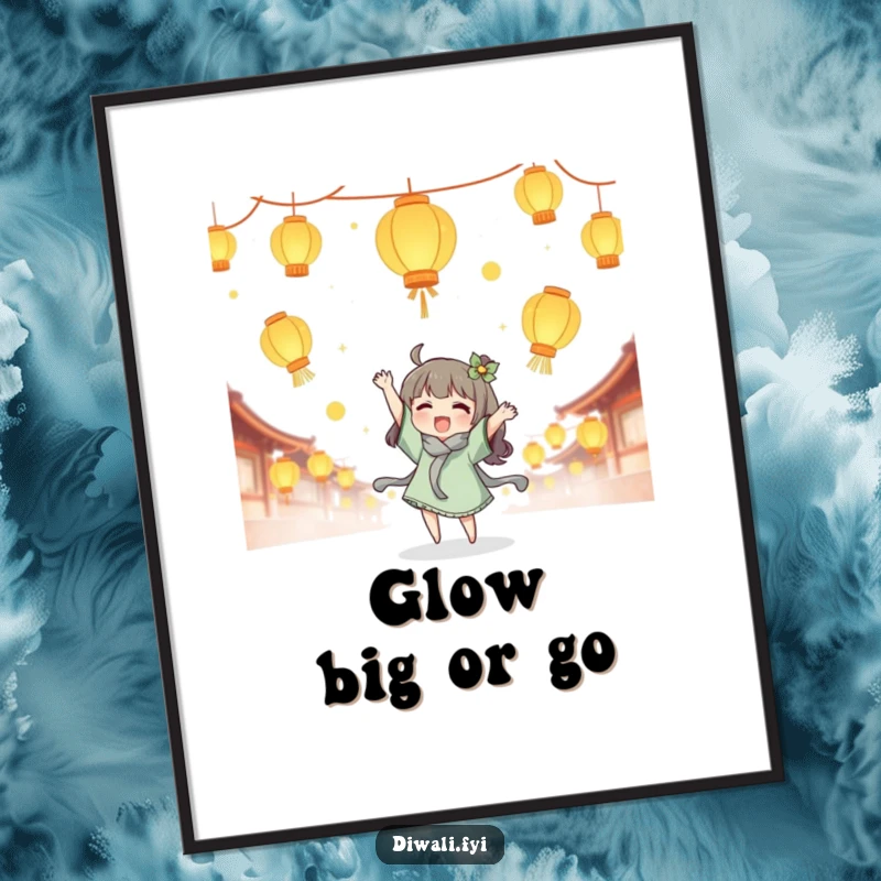 Funny lantern tossing poster, cute character joyfully tossing glowing lanterns, magical wall art, festive home decor gift.