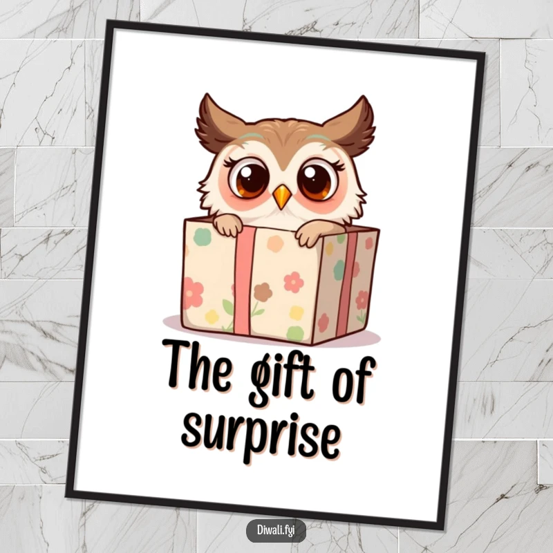 Funny poster print of a surprised owl peeking from a decorated gift box, adding a touch of whimsical charm and humor to any wall.
