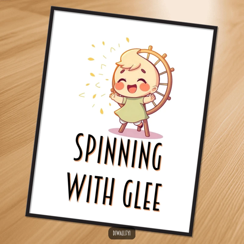 Funny poster depicting a giggling character joyfully pursuing sparks from a spinning Catherine wheel, capturing the essence of playful excitement and delight.