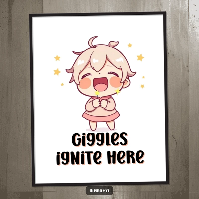 Funny poster art of a character in uncontrollable laughter, a small sparkler illuminating their gleeful, comical expression.