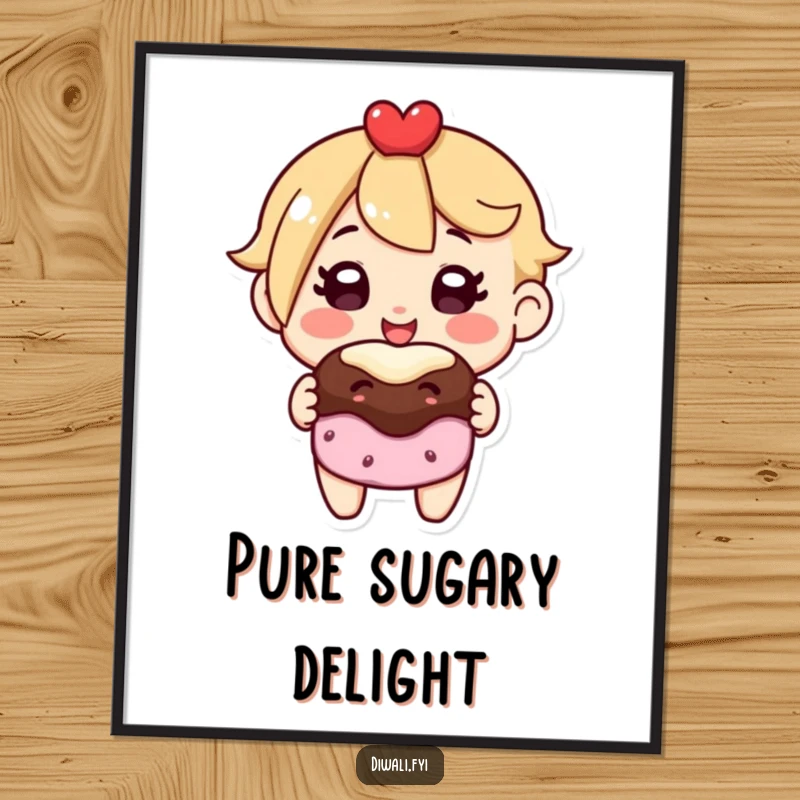 Funny poster displaying a character radiating joy with a beaming smile, presenting a delightful sweet treat, perfect art.