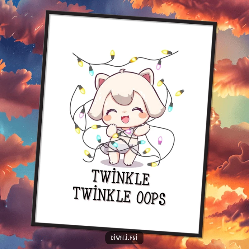 Funny Tangled Lights Poster: A playful character is comically entangled in a string of decorative lights, creating a humorous scene.