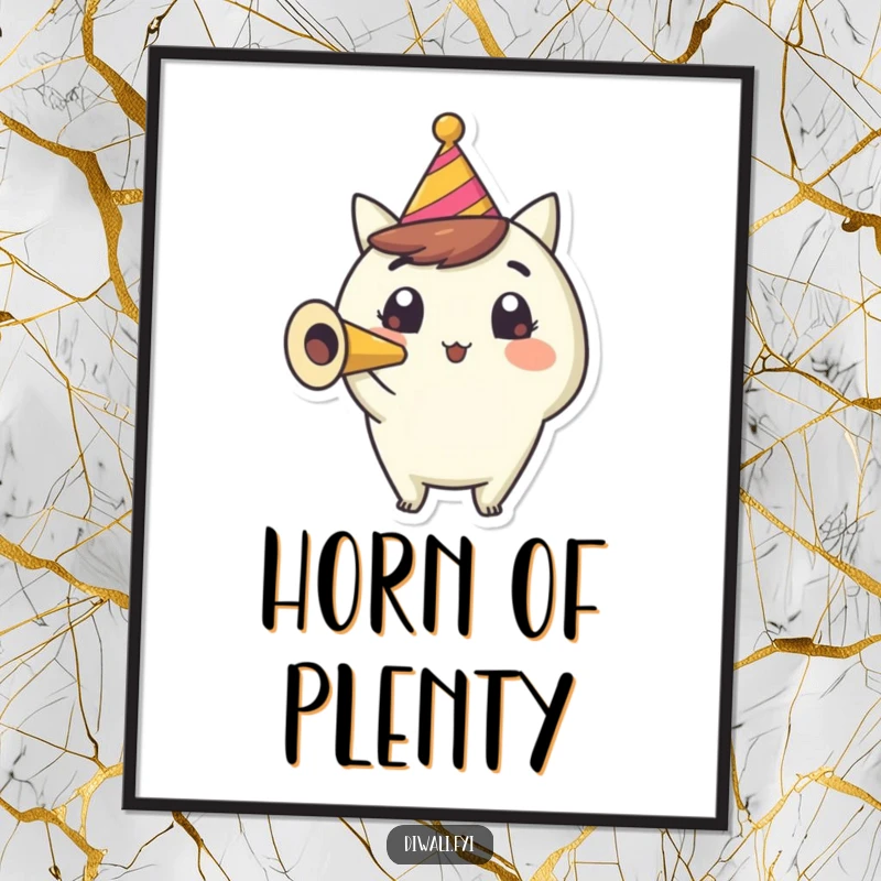Funny Party Horn Poster: A happy character blows a party horn with wide, surprised eyes, creating a sense of festive anticipation.